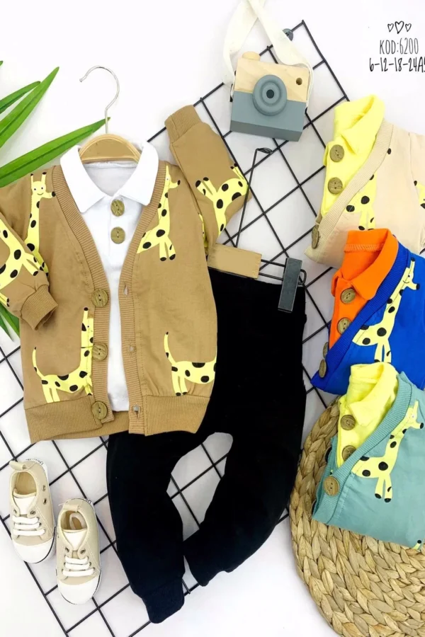 Zürafa Baskılı Yelek Uzun Kollu Sweat Pantolon 3 Lü Erkek Bebek Takımı Bej