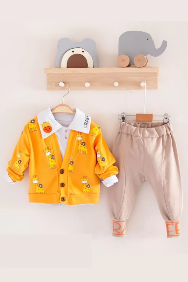 Zürafa Desenli Gömlek Yakalı 3'lü Erkek Bebek Takımı